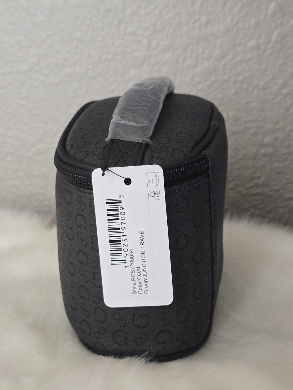 GUESS Logo Zip Makeup Bag Case w/ Top Handle, Black & Gray Logo Print - Picture 4 of 10